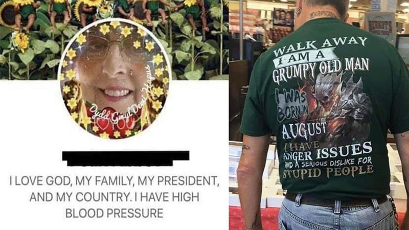 a collection of situations where people have replied with comments of information nobody asked for photos are of a woman's facebook profile that claims she has high blood pressure and a man with a T-shirt that tells people to walk away from him