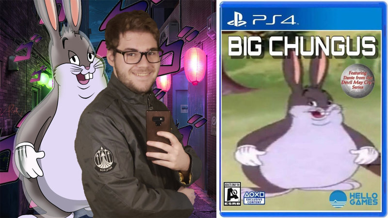 Braden, the original creator of the Big Chungus meme posing alongside his original version of the fat Bugs Bunny on a PS4 game case.