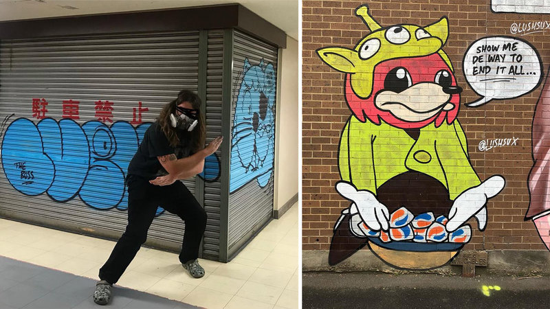 Street artist Lushsux standing next to his artwork and another meme mural of his featuring Ugandan Knuckles with a bowl of Tide pods.