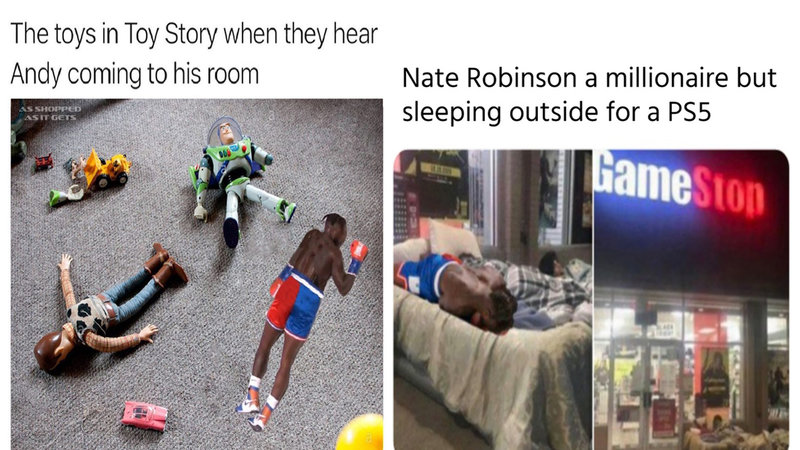 two memes showing Nate Robinson getting knocked out by Jake Paul during their boxing match