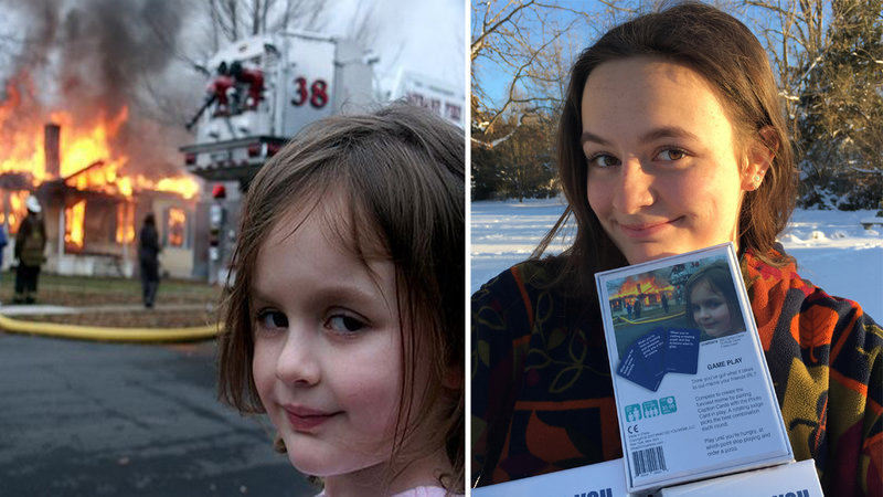 Zoe Roth posing with her iconic photo from the Disaster Girl meme.