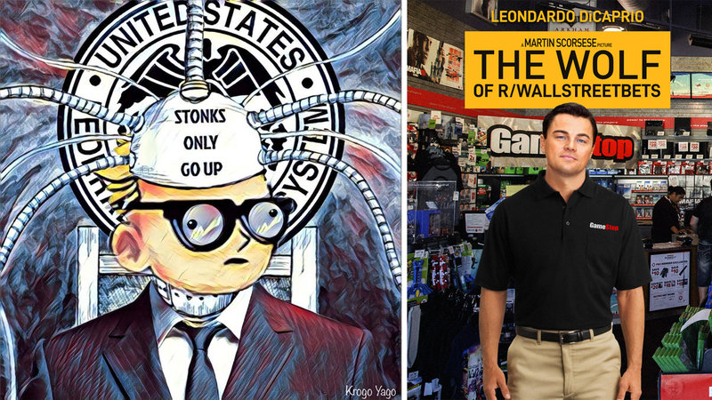 WallStreetBets logo in fan art, left, and a wolf of wall street parody meme, right.