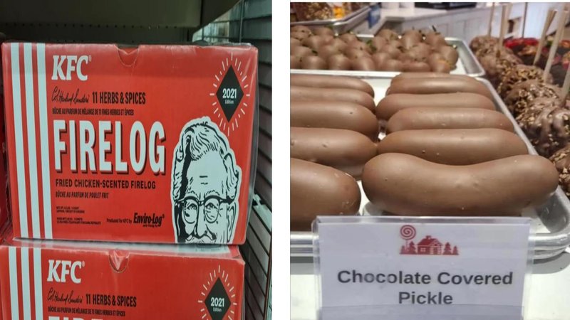 On left: the KFC Firedog. On right: a chocolate-covered pickled, light brown, very oblong.