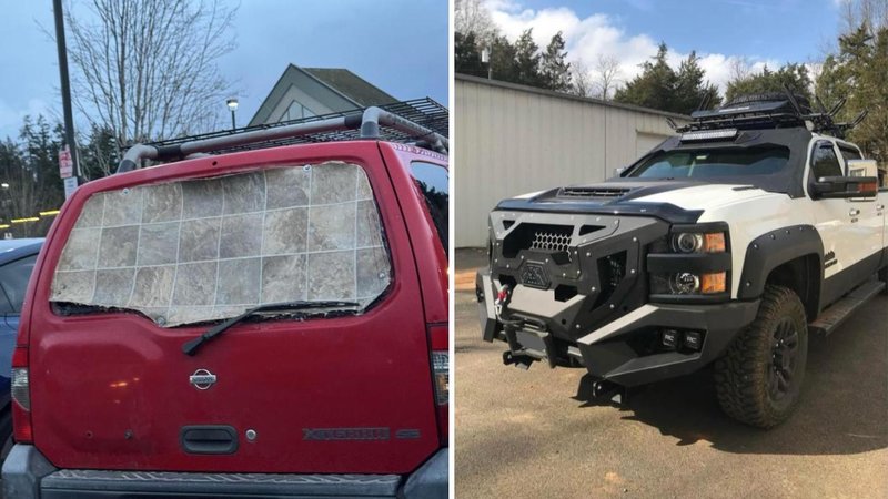 Two images of shoddy car mods from the collection.