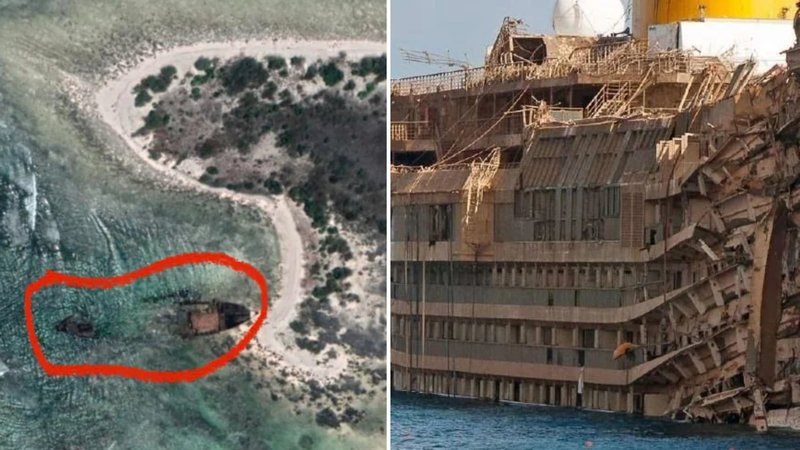 Rotting ships in the sea.