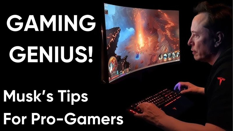 4 Tips On How To Become A Pro-Gamer Just Like Elon Musk Elon Musk playing on PC and the text "gaming genius" on the left.