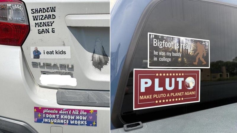 People Keeping It Real With These 24 Odd Bumper Stickers Two images.