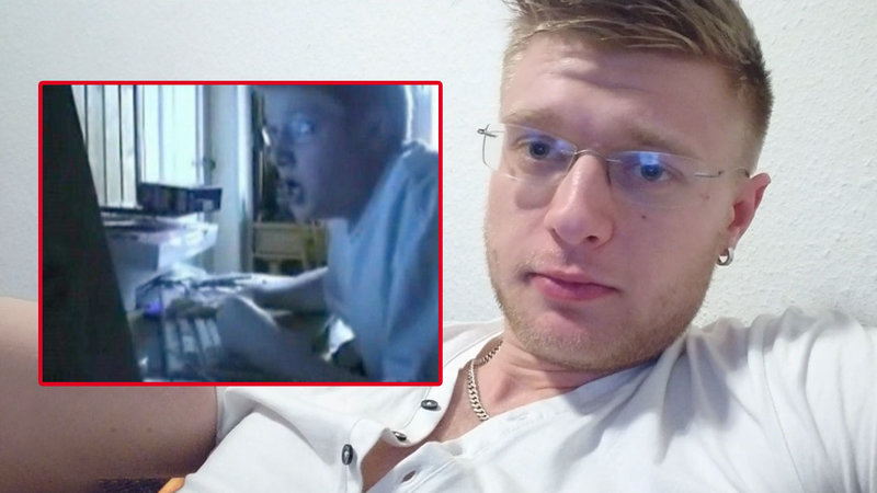 Where Are They Now depicting the Angry German Kid / Keyboard Crasher meme and viral video with a recent image of Norman Kochanowski.