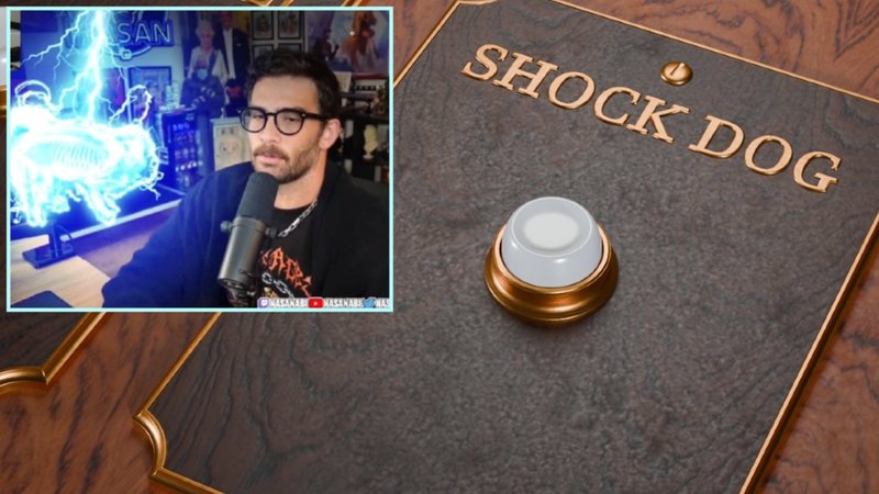a meme about Hasan Piker shocking his dog with a "shock dog" button