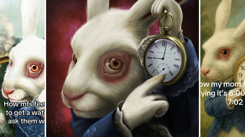 The "White Rabbit Pointing at a Clock" meme showing the "Alice In Wonderland" character pointing at the time.