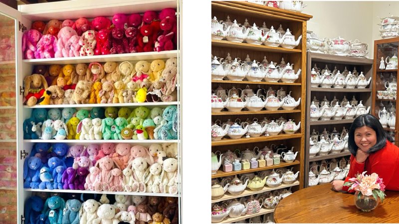 A shelf full of bunny stuffed animals and a woman standing beside her collection of teapots.