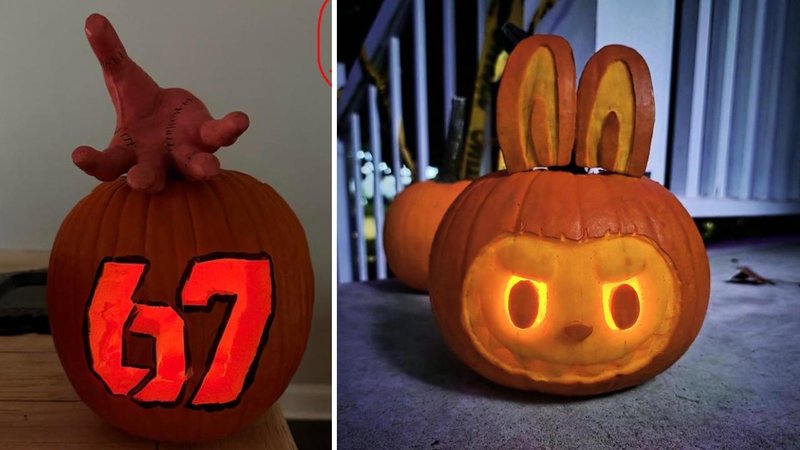 Two Meme-Themed Halloween Pumpkin photos.