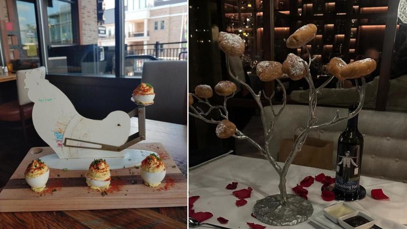 Two photos of food being served in odd ways.