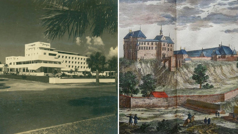 Two photos of older buildings lost to time.
