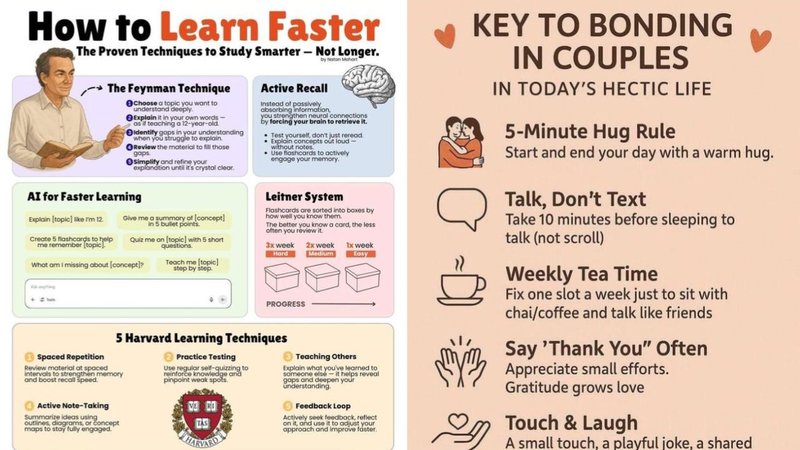 How to Learn Faster
The Proven Techniques to Study Smarter - Not Longer.
The Feynman Technique
Choose a topic you want to
understand deeply
Explain it in your own words-
as teaching a 12-year-old
Oldentify gaps in your understanding
when you struggle to explain
view the material to fill those
Simplify and refine your
explandtion until it's crystal clear
AI for Faster Learning
Explain topic] like rm 12
Create 5 flashcards to help
me remember [topic]
Give me a summary of [concept]
in 5 bullet points
Quiz me on topic] with 5 short
questions.
What am I missing about [concept]>
Teach me [topic]
step by step
Active Recall
Instead of passively
absorbing information
you strengthen neural connections
by forcing your brain to retrieve it.
Test yourself, don't just reread
Explain concepts out loud-
without notes
Use flashcards to actively
engage your memory.
Leitner System
Flashcards are sorted into boxes by
how well you know them
The better you know a card, the less
often you review it.
2x week 2x week 1x week
Hord
PROGRESS
5 Harvard Learning Techniques
Spaced Repetition
Review material at spaced
intervals to strengthen memory
and boost recall speed
Active Note-Taking
Summarize ideas using
outlines, diagrams, or concept
maps to stay fully engaged
Practice Testing
Use regular self-quizzing to
reinforce knowledge and
pinpoint weak spots
Teaching Others
Explain what you've learned to
someone else it helps reveal
gaps and deepen your
understanding
Feedback Loop
Actively seek feedback, reflect
on it, and use it to adjust your
approach and improve foster
KEY TO BONDING
IN COUPLES
IN TODAY'S HECTIC LIFE
5-Minute Hug Rule
Start and end your day with a warm hug.
Talk, Don't Text
Take 10 minutes before sleeping to
talk (not scroll)
Weekly Tea Time
Fix one slot a week just to sit with
chai/coffee and talk like friends
Say 'Thank You" Often
Appreciate small efforts.
Gratitude grows love
Touch & Laugh
A small touch, a playful joke, a shared