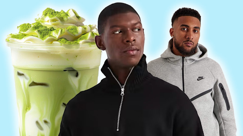 Quarter Zip, matcha and a Nike tech photo collage.
