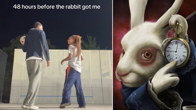 An example of the "white rabbit got me" meme, left, and the white rabbit with a clock meme, right