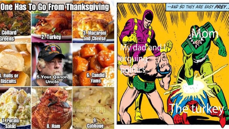 A photo of some delicious-looking Thanksgiving meals and a comic strip.