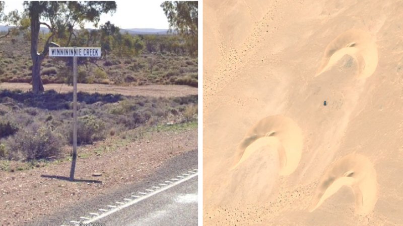 Two Google Maps screenshots, one of a strange street sign and the other of some dunes.
