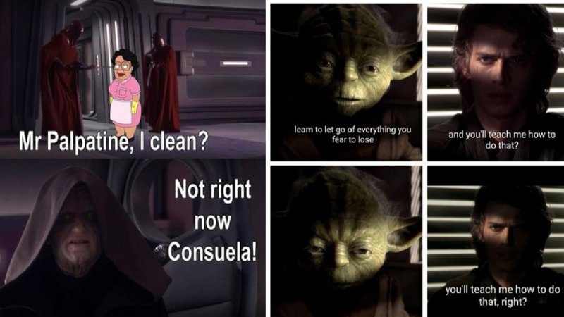 A meme of Palpatine and Consuela from Family Guy next to a meme of Yoda.