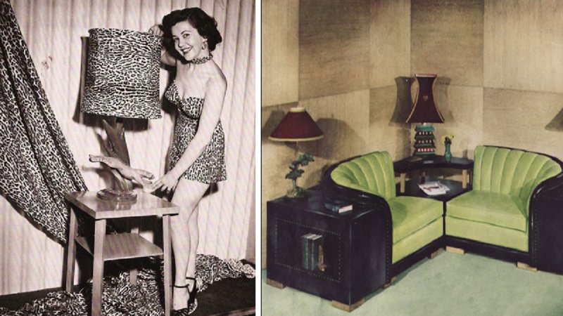 A photo of a woman dressed in leopard print, showing off her printed lamp and a green room with bonsai lamps.