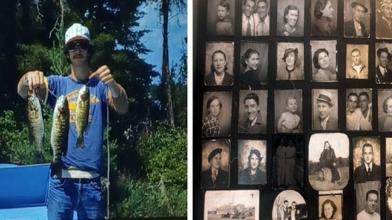 A film photo of a man holding 3 fish and a series of vintage portraits in black and white.
