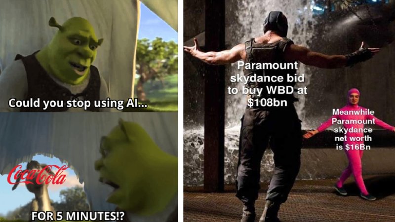 A Shrek meme about Coca-Cola using AI for their ads and a meme about Paramount.