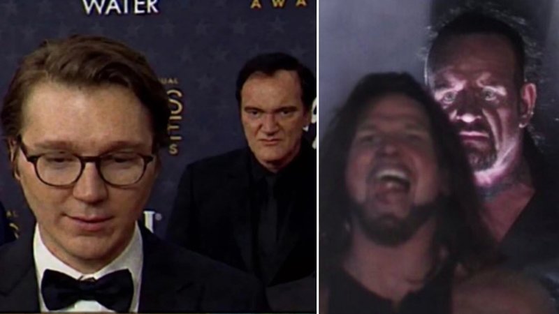 The Quentin Tarantino glaring at Paul Dano image, left, compared to the Undertaker meme, right