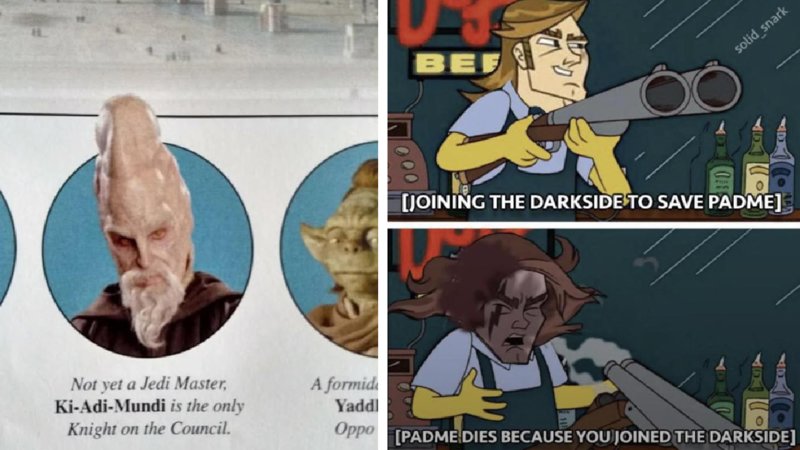 A photo of Ki-Adi-Mundi and a meme about Padme and the Dark Side.