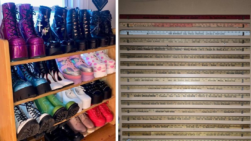 A collection of some vibrant boots and rulers on a wall.