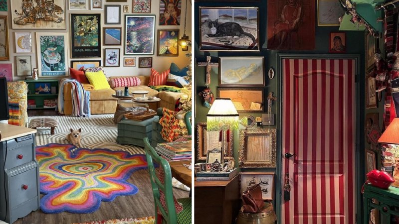 Two maximalist interiors, one with a rainbow rug and the other with a pinstripe door.