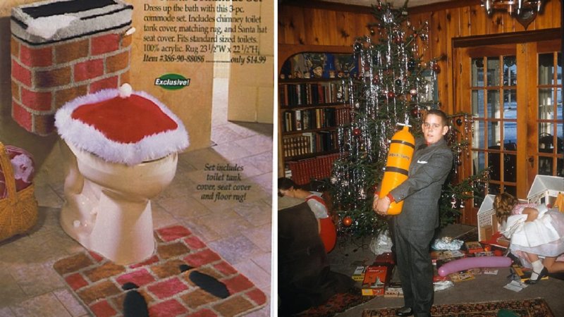 A photo of a Santa-themed commode and a festive boy holding an orange canister.