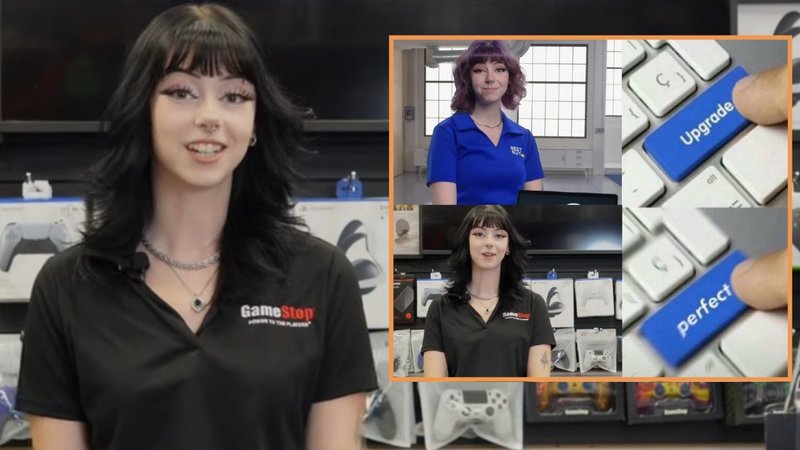 An image of Rilie Huntley in a GameStop ad on the left and a meme about her being upgraded from her Best Buy ad on the right