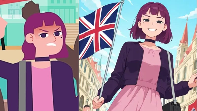 Two images of Amelia from Pathways. The left is official art, the right is fan art generated by AI.