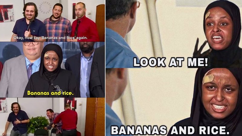 Two memes about the bananas and rice girl, Nasra Ahmed.