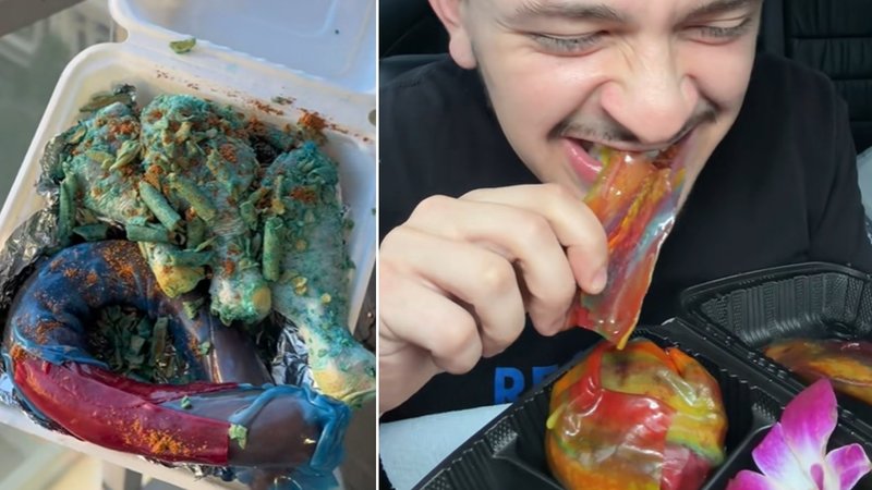 A sour plate, left, a man eating a sour plate, right