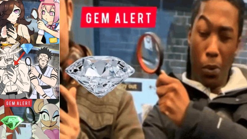 Several examples of the Gem Alert magnifying glass meme.