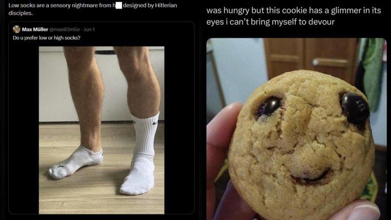 Low socks are a sensory nightmare from h designed by Hitlerian
disciples.
Max Müller @max03mlle - Jun 1
Do u prefer low or high socks?
was hungry but this cookie has a glimmer in its
eyes i can't bring myself to devour
177