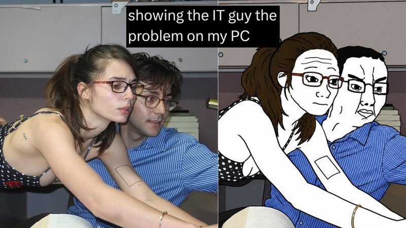 The 'Office Girl In Polka-Dots Leaning Over Guy In Striped Shirt' or 'Isabella Scaffidi and Conor David Scheinberg' meme explained.