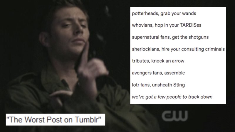 The 'Fandoms Grab Your Weapons' Tumblr post explained.