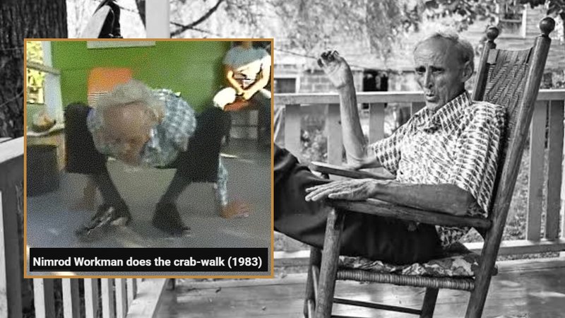Image of Nimrod Workman crab walking next to an image of him sitting in a rocking chair.