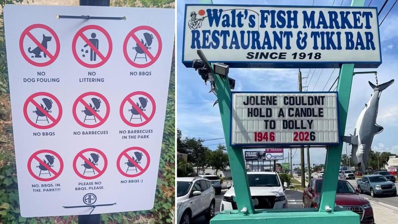 NO
NO
NO BBQS
DOG FOULING
LITTERING
Walt's FISH MARKET
RESTAURANT & TIKI BAR
SINCE 1918
NO BBQS
NO BARBECUES
NO BARBECUES
IN THE PARK
JOLENE COULDNT
HOLD A CANDLE
TO DOLLY
1946 2026
Original
NO. BBQS. IN.
THE PARK!!!!
PLEASE NO
BBQS. PLEASE.
NO BBQS)
P
