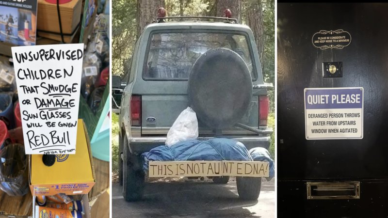 Three funny signs with backstories.