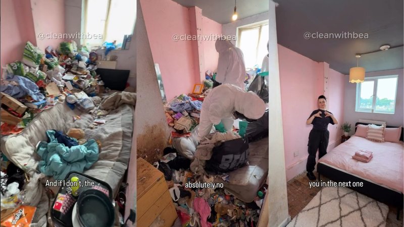 Three screenshots from Clean With Bea's viral Instagram video showing her cleaning a house.