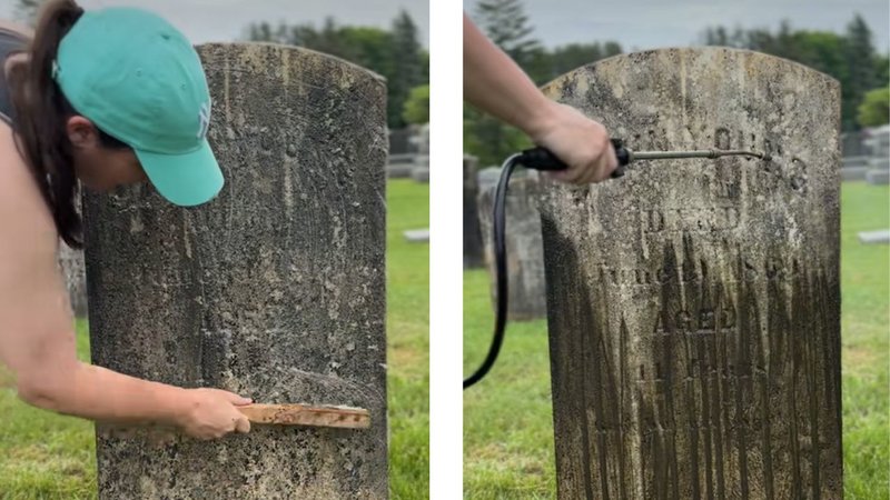 Two screenshots of Crazy Cemetery Lady's viral Instagram video showing her cleaning a headstone.