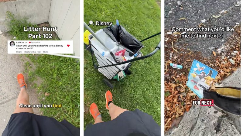 Three screenshots of Bye Bye Litter's viral video that show her picking up trash from the street with a grabber.