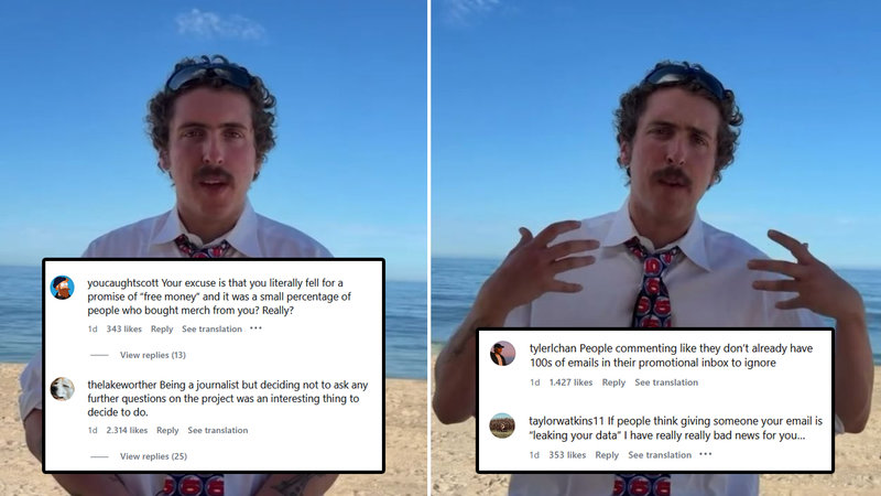 Two screenshots of Channel 5's video showing Andrew Callaghan on a beach speaking to the camera about the controversy.