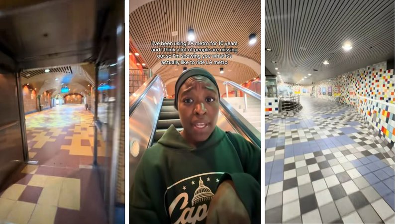Three screenshots of @heyjbritt's viral TikTok showing her traveling through the Los Angeles Metro.
