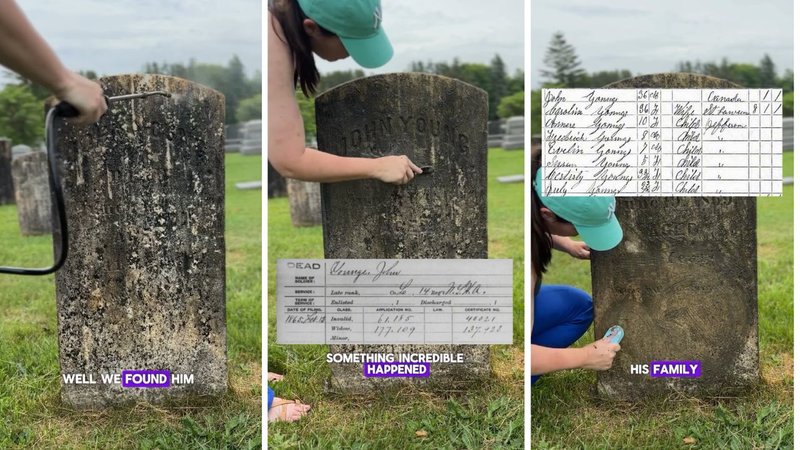 Three screenshots of Crazy Cemetery Lady's video, showing her cleaning John Young's headstone.