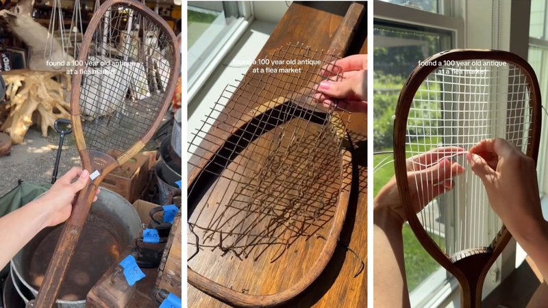 Three screenshots from Cozy Anastasia's viral video, showing her restoring an antique tennis racquet.